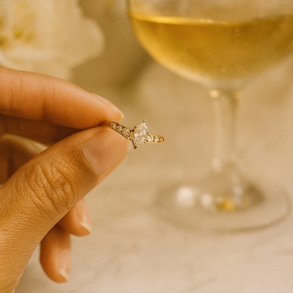 14K Yellow Gold Marquise Diamond Engagement Ring with...